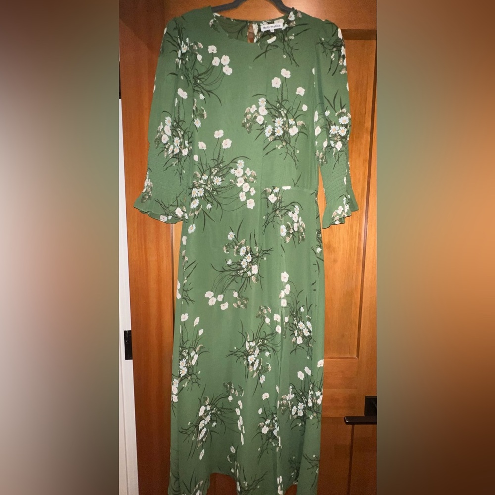 Reformation Green Floral Long Sleeve Dress
